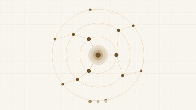 Animated network of gold nodes orbiting a glowing core, illustrating that something new is being built