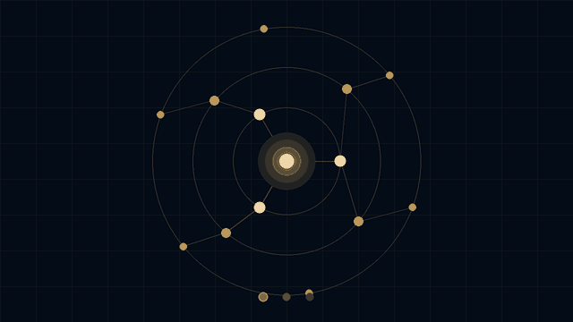 Animated network of gold nodes orbiting a glowing core, illustrating that something new is being built